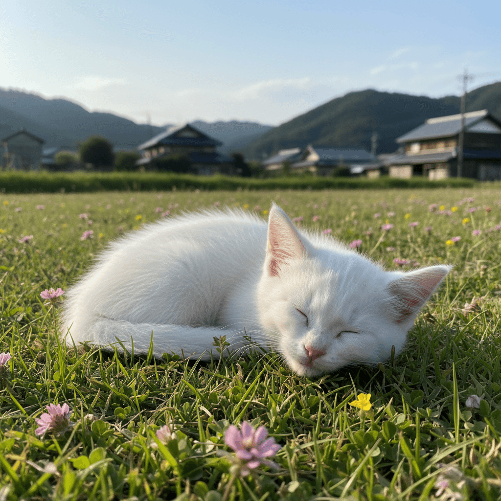 草原で眠る白猫の写真