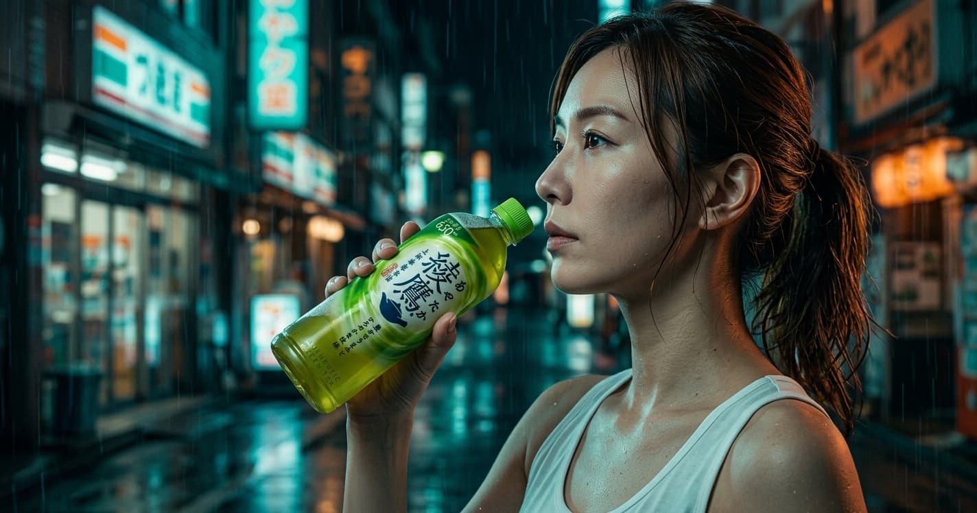 雨夜の街角で綾鷹を手にする女性の広告ビジュアル